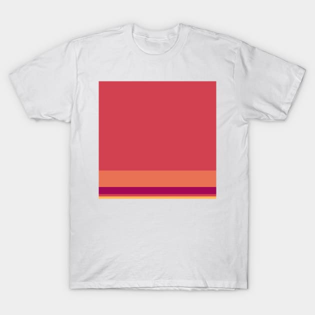 A perfect layout of Almost Black, Dark Fuchsia, Brick Red, Dark Peach and Pastel Orange stripes. T-Shirt by Sociable Stripes